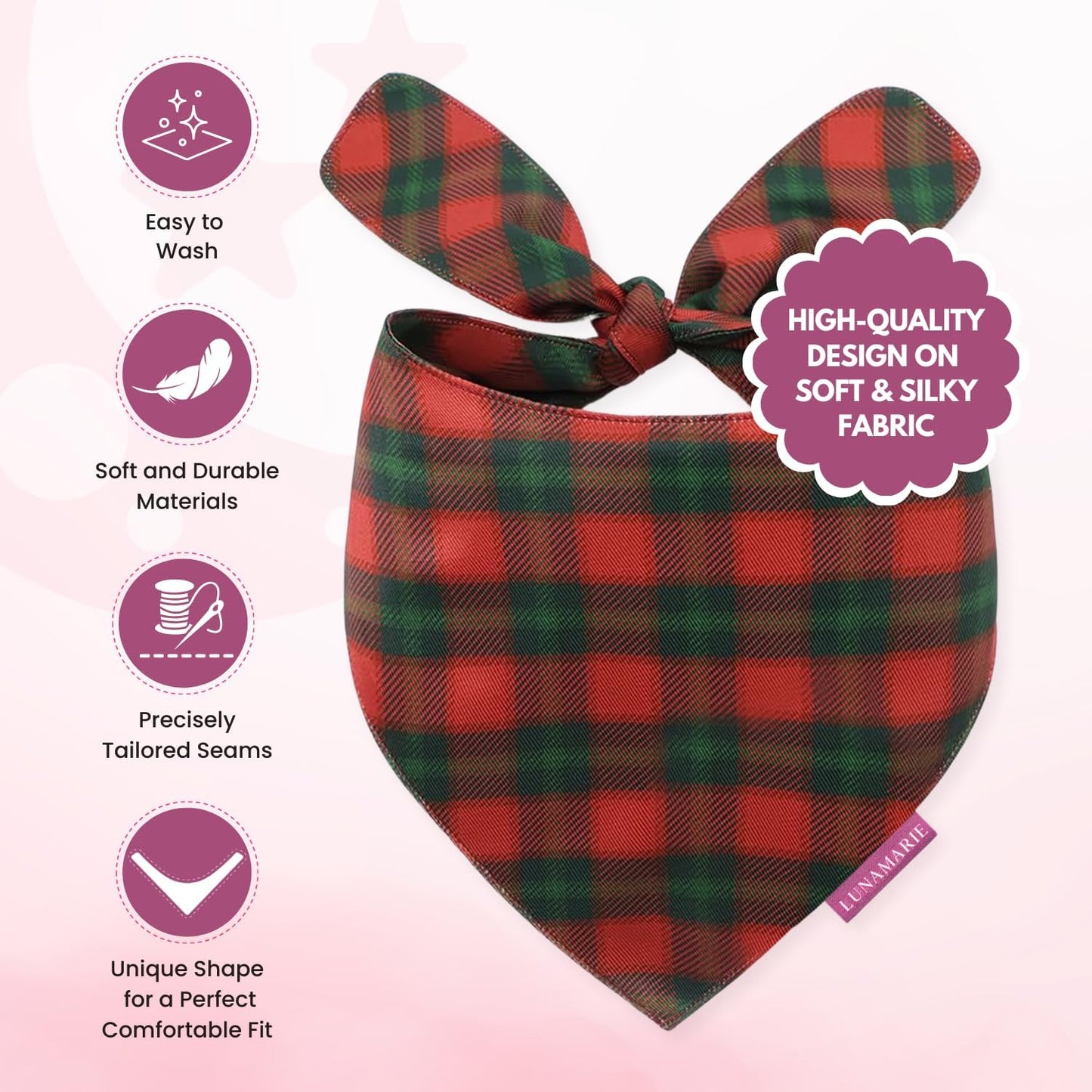 LunaMarie - Luxury Pet Birthday Bandanas -Premium & Silky Poly Fabric | 100% Handmade | Custom Shape Dual Layered (Jingle Plaid, Large)