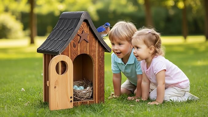 Water Proof Bluebird Bird Houses for Outside, 1.5" Entrance with Landing Perch Guard, Rustic Patriot Style, Squirrel Proof Composite Material Bird House for Outdoor, HDPE Roof 10 Years Weatherable