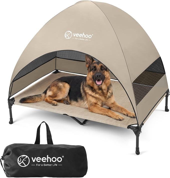 Veehoo Outdoor Dog Bed with Canopy, Cooling Elevated Dog Shade for Outside | Portable Raised Dog Cot with Removable Shade, Sun Protection Dog Tent Outdoor for Camping, Beach, 49" x 42.5", Beige Coffee