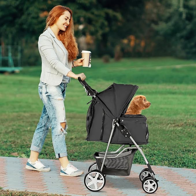 Pet Stroller for Small Dogs and CatsQuick-Folding Portable Travel Cat Dog Stroller with Storage Basket and Cup Holder, 4 Wheels, Pure Black