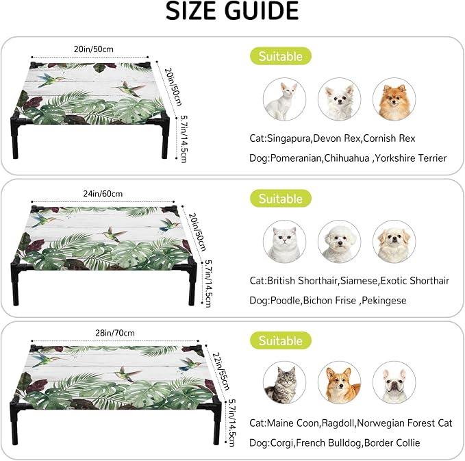 Outdoor Elevated Dog Bed for Large Dogs, Summer Hummingbirds Breathable Cooling Raised Dog Cot for Indoor/Outdoor, Tropical Palm Leaves Farmhouse Wood Waterproof Elevated Pet Beds, L 28 x 22 in