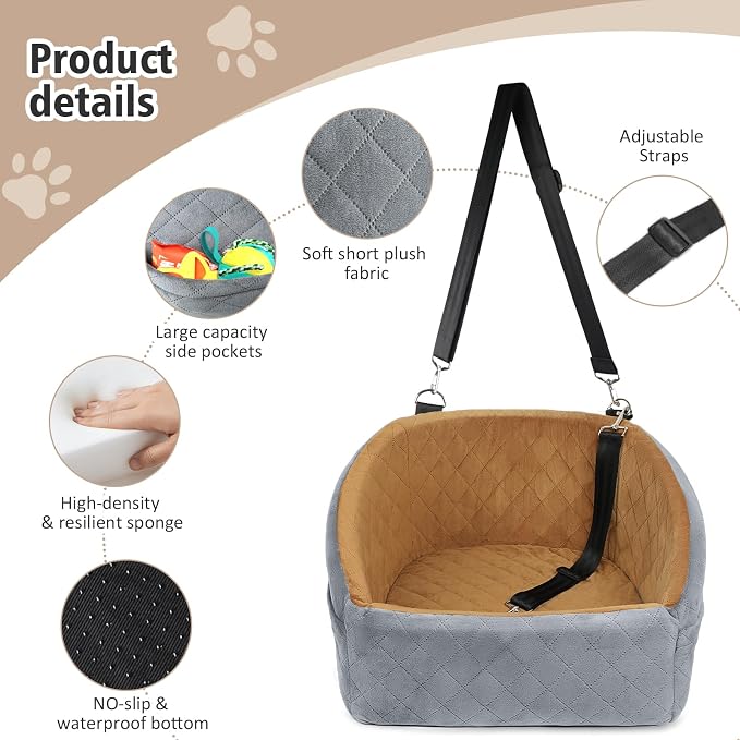 NEEZUKAR Dog Car Seat for Small Medium Dogs,Detachable Washable Dog Booster Seat Under 30lbs, Pet Car Seat Travel Bed with Storage Pockets and Dog Safety Belt(Grey/Brown)