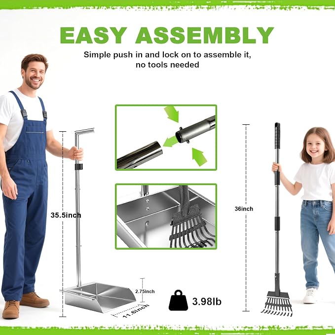 Metal Dog Pooper Scooper with Long Handle Rake and Tray Set for Large Dogs. | Heavy Duty Stainless Steel poop scooper for dogs Suitable for Yard, Garage ，Grass, Dirt & Gravel and Multi-Dog Families