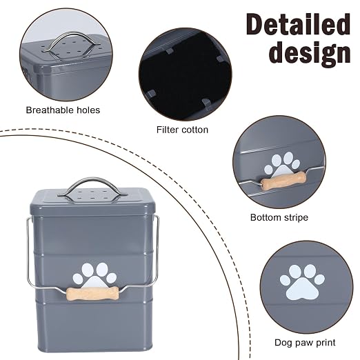 Small Dog Poop Trash Can Outside,1.5Gal/6L Metal Dog Waste Trash Can with Lid/Filter/Handle,Pet Waste Container Bucket with 75 Trash Bags-Gray