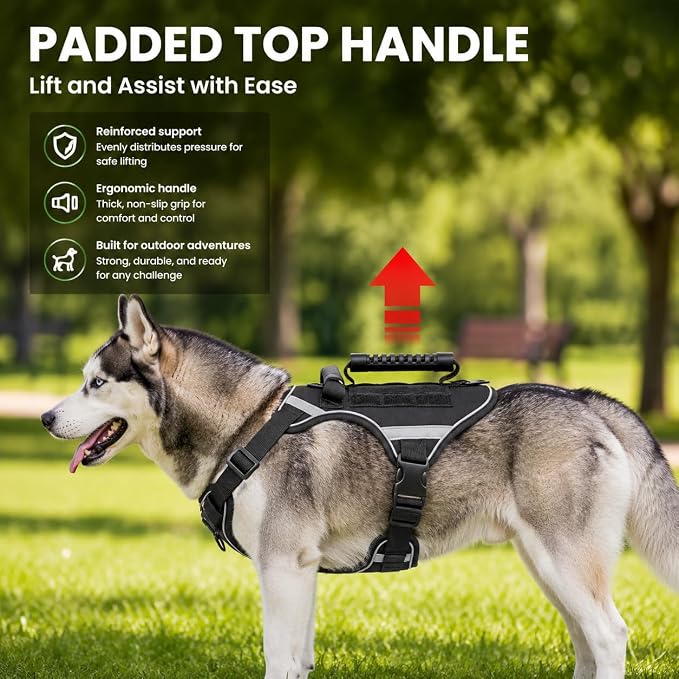 No Pull Tactical Dog Harness with Handles and Loop Panel,Tactical Dog Vest with Molle System, Adjustable Reflective Pet Vest for Walking Hiking Training Black M