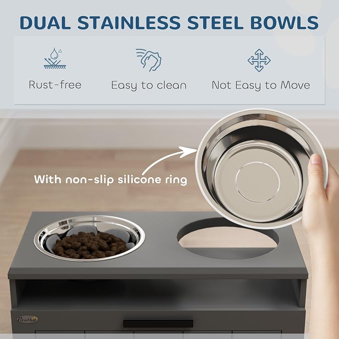PawHut Elevated Dog Bowls Raised Dog Feeder with Storage Gray | 2 Stainless Steel Bowls, Slow Feeder Mat, Feeding Station, Large Extra Large Breeds
