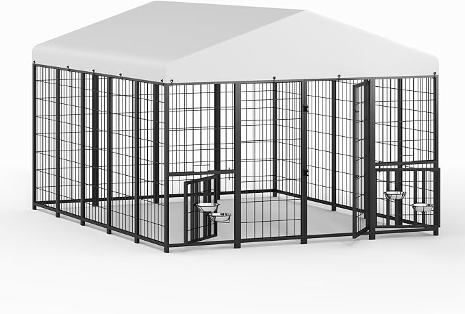 LOVMOR 10' x 8' Outdoor Dog Kennel with Roof for Large Dogs | Heavy duty steel frame, waterproof canopy, double latch door, adjustable feeding bowls for yards and patios