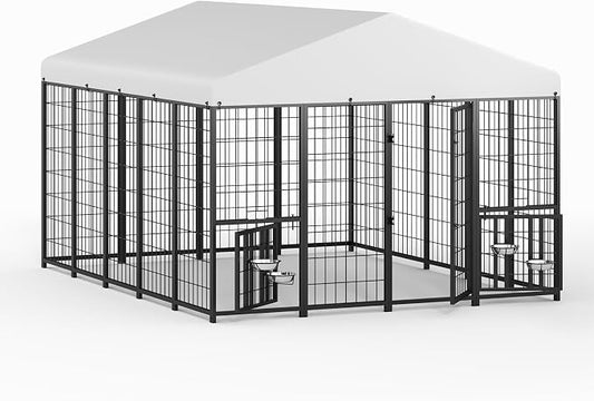 LOVMOR 10' x 8' Outdoor Dog Kennel with Roof for Large Dogs | Heavy duty steel frame, waterproof canopy, double latch door, adjustable feeding bowls for yards and patios