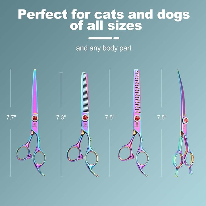 GLADOG Pro Rainbow 7 Inch Professional Pet Grooming Scissors Kit, 6-in-1 Dog Scissors, Titanium Coated, Stainless Steel, Right Handed, 5 Count