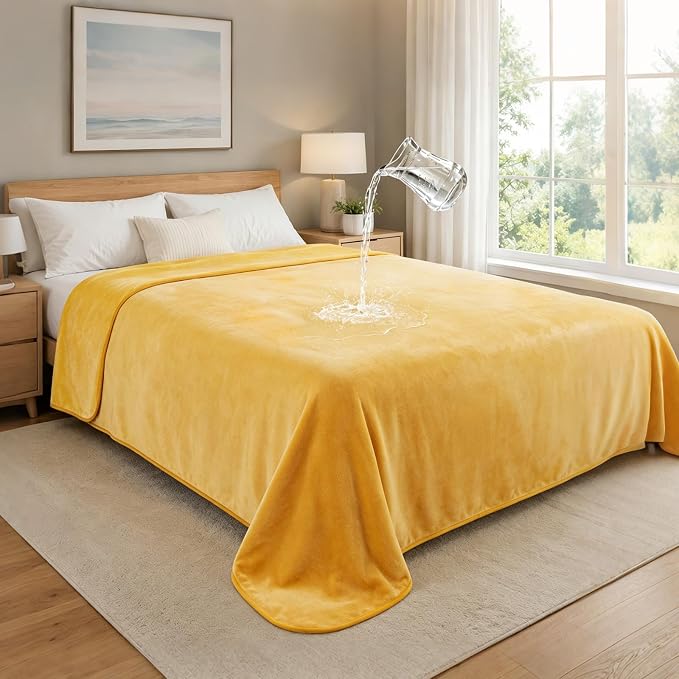 LOOBANI Yellow Waterproof Blanket for Bed, Flannel King Size 85"x108" | Double-Side Leak-Proof, Reversible, Stain-Proof Cover for Sofa Bed Protection, Ideal for Rest Movie Time, Camping, Travel