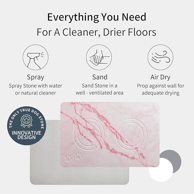 Diatomite Stone Pet Feeding Mat for Dog Cat Super Absorbent Diatomite Quick Drying Stone Dog Food Water Mat, Dog Mats for Food and Water with Non-Slip Station, Fast Dry Pet Mats, Marble Pink