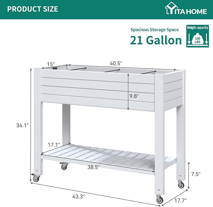 YITAHOME Raised Garden Bed with Wheels 43.3x17.7x34 in Raised Planter Box with Legs, Drain Plug and Storage Shelf, Elevated Planter Box for Plants Vegetables Flowers Herbs, White