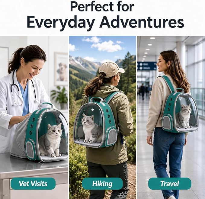 Expandable Cat Carrier Backpack for Cats & Dogs, Bubble Window Pet Travel Backpack with Breathable Mesh, Anti-Collapse Structure, Side Door, Safety Leash, for Vet Visits, Hiking, Outdoor, Green