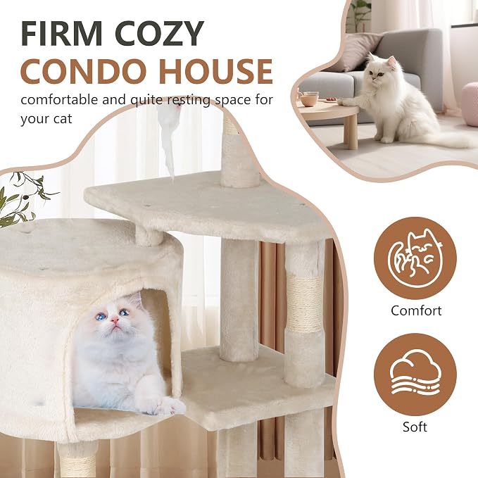 FDW | 36" Cat Tree Tower | Beige | Multi-Level Indoor Activity Center with Sisal Scratching Posts, Condos, Plush Perches, Hanging Cat Toys | Sturdy, Easy to Assemble | for Kittens & Adult Cats