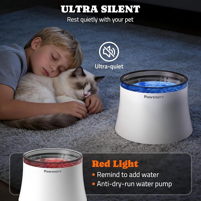 Pawtners Pet Dog Water Fountain with Vortex Filter, 1 Gal/3.5L Water Bowl Dispenser for Medium Small Dog/Cat, Automatic No Spill Cat Fountain for Inside, Deep Drinking Area and Quiet Pump, 6.7" H