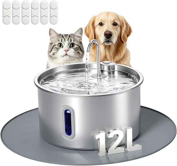 12L/3.17Gal Dog Water Fountain Stainless Steel | 6 Filters Pet Fountain Water Bowl for Large Dogs Multi-Pet Dispenser Water Visible Window & LED Light Alert
