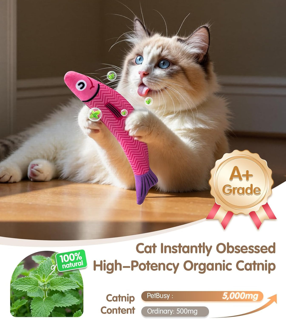 Cat Toys with[5000mg A+Natural Catnip &Silvervine] [Baby Grade] Interactive Soft Chew Kicker Cat Toys for Indoor Cats & Kittens, [Crinkle &Bell] Fish Sound Toy,Drives Bored Cat Crazy with Fun