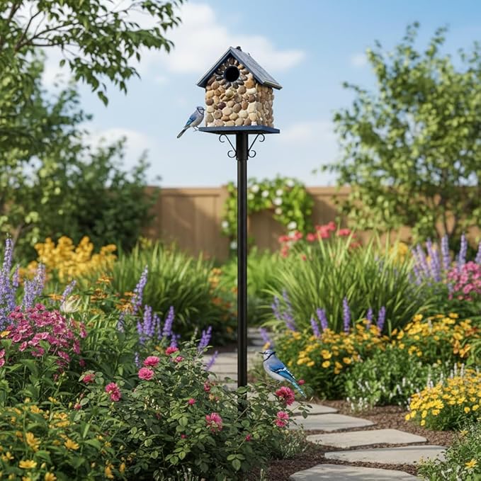 Masterpiece Bluebird Bird House for Outside Clearance, River Pebbles Cedar Bird House Bird Feeder for Outdoor, Hanging Birdhouse for Outside, Pole Mountable Birdhouse, 10 Yrs Lasting (Blue)