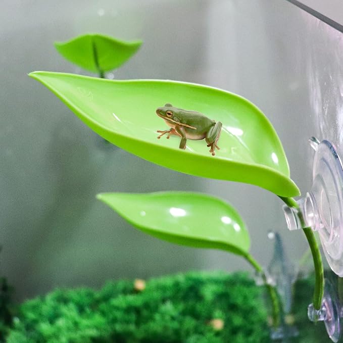 3 Pack Plastic Leaf Decorations with Suction Cups, Frog Habitat Platform, Reptile Decorations for Terrarium, Frog Tank Accessories, Terrarium Decor for African Dwarf, and Toad (Green)