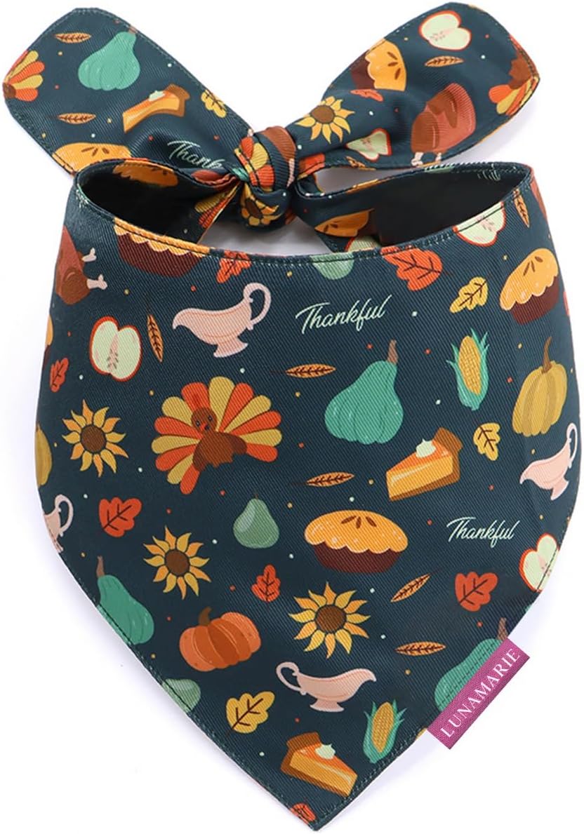 LunaMarie - Luxury Pet Birthday Bandanas -Premium & Silky Poly Fabric | 100% Handmade | Custom Shape Dual Layered (Thanksgiving, X-Small)