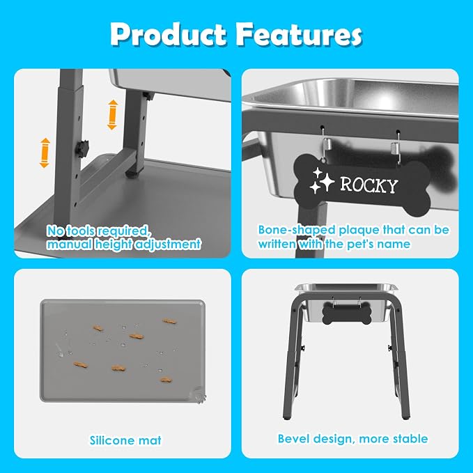 1.2 Gallon Elevated Large Dog Water Bowl with Mat, 4 Height Adjustable 12-17", Raised Dog Water Bowl Stand for Large Breed