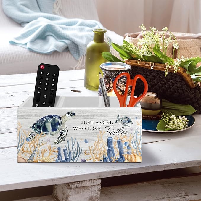 Coastal Beach Sea Turtle Pen Pencil Holder Organizer for Desk Accessories, Sea Turtle Gifts for Women Wooden Box Sign Desk Decor for Home Office Decoration, Beach Office Decor