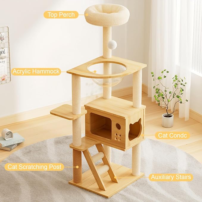 Modern Cat Tower, Wood Cat Tree Tower for Indoor Cats, Cat Tree with Sisal-Covered Scratching Posts and Soft Top Perch, 48.8'' Cat Condo with Acrylic Hammock for Small Large Cats