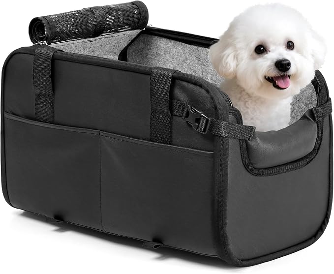 YUDODO Large Dog Car Seat for Center Console 10-18lbs, PU Booster Bed | Portable Puppy Cat Seat, Waterproof, Wipe Clean, Safe & Durable, Side Pockets, for Truck & SUV-Width>9.5in, Anti-Slip, Black