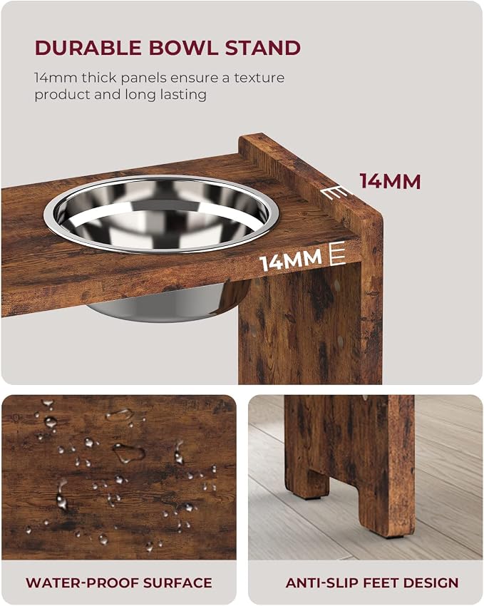 Elevated Dog Bowls, Raised Bowl Stand Adjustable Small, Rustic Brown | Particle Board Raised Feeder with 2 Stainless Steel Bowls, Adjustable Height for Small Puppies and Cats