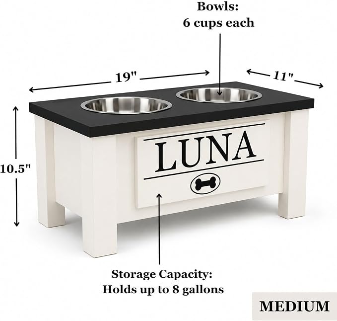 Elevated Dog Bowls, Personalized Raised Dog Bowl Stand for Medium Dogs | Farmhouse Style, Elevated Wood Stand, Storage Container, Stainless Steel Bowls, Raised Anti-Slip Feeder, Made in USA