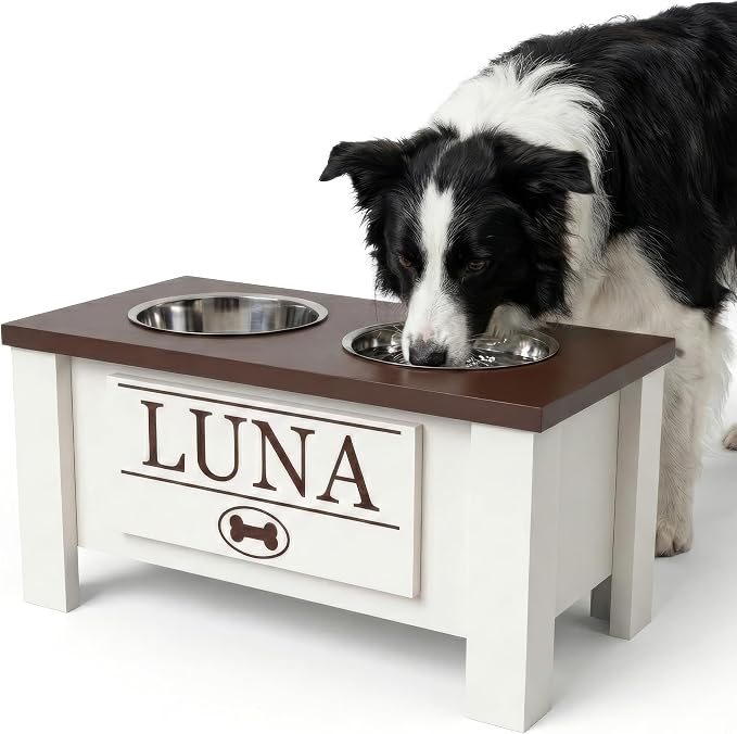 Elevated Dog Bowls, Personalized Raised Dog Bowl Stand for Medium Dogs | Farmhouse Style, Elevated Wood Stand, Storage Container, Stainless Steel Bowls, Raised Anti-Slip Feeder, Made in USA