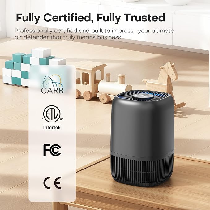 Air Purifiers for Bedroom with High Efficiency Filter Up to 1076 Ft² for Pet Hair, Odors, Pollen, Smoke, Compact Air Cleaner with 3 Speeds, Timer, Aroma Quiet 360°Intake Filter, Black