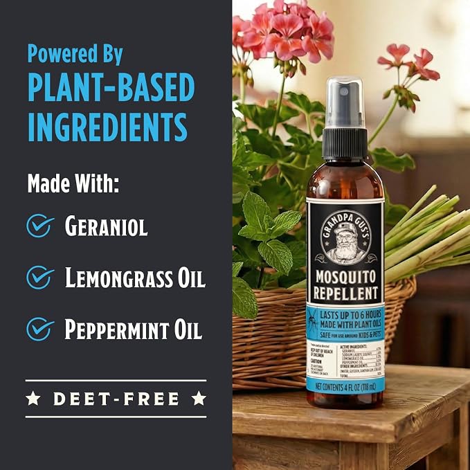 Grandpa Gus's Natural Mosquito Repellent Spray - DEET-Free Plant-Based Insect Repellent for Kids and Family, Up to 6 Hours, Travel-Friendly Bug Spray, 4 oz 2 Pack