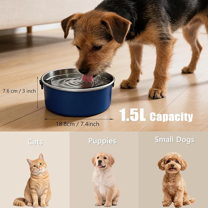Dog Water Bowl No Spill, 1.5L/50oz Stainless Steel Slow Water Bowl for Dogs, Spill Proof Dog Bowl with Anti-Splash & Non-Slip, Slow Drinking Water Bowl Dispenser for Messy Drinkers (Blue)