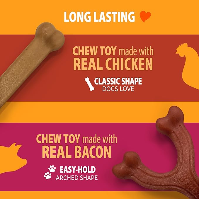 Nylabone Strong Chew Toy 4-Pack Bundle for Dogs Made with Real Bacon, Bison, Venison, Beef, & Chicken, Durable Dog Chew Bones for Aggressive Chewers, Large Dog Toys - Up to 50 lbs, 4 Count