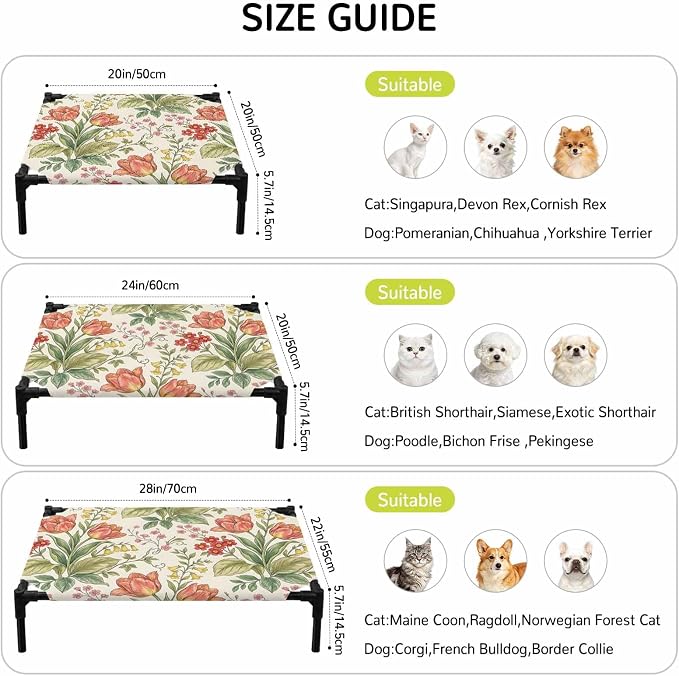 Outdoor Elevated Dog Bed for Small Dogs, Botanical Tulip Breathable Cooling Raised Dog Cot for Indoor/Outdoor, Farmhouse Vines Floral Summer Plants Waterproof Elevated Pet Beds, S 20 x 20 in