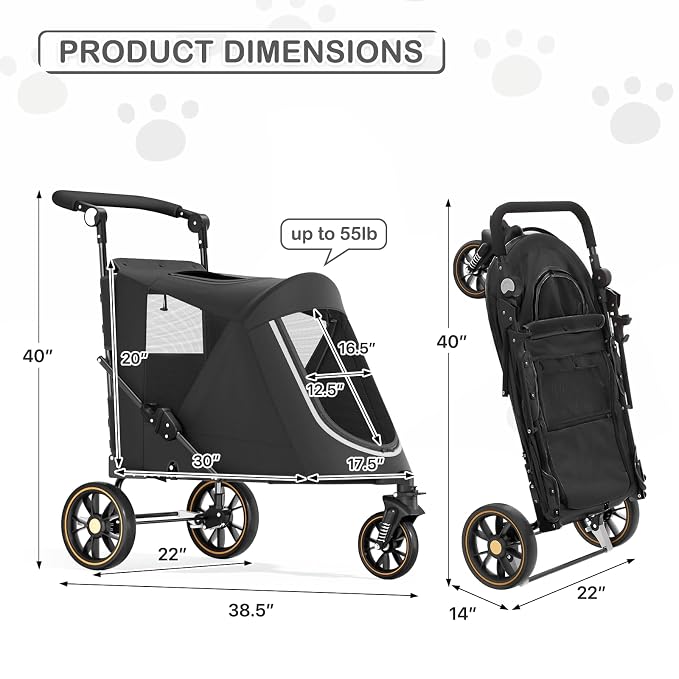 MoNiBloom Pet Stroller for Large Dogs or Dogs Cats up to 55 lbs, Black | with Adjustable Handle, 3-Wheels Dual Entry Portable Dog Carting Easy Folding Pet Wagon Double Multiple Dog Stroller