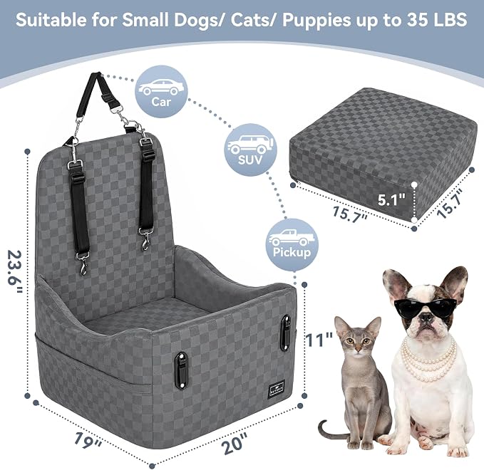 PETSFIT Pet Car Seat with Patented Safety System, 5" Elevated Cushion | Fully Detachable Washable Cover, Memory Foam Dog Booster Car Seat for Small/Medium Dogs Up to 35 Lbs with Safety Belt
