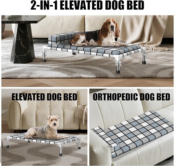 Elevated Dog Bed with Cushion & Bolster, Raised Dog Beds with Pillow & Mat | Medium Cooling Lifted Indoor Outdoor Portable Lifted Pet Cot Stainless Steel Frame Indoor Outside Breathable Hammock Beds