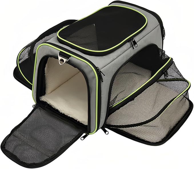 Expandable Cat Carrier Pet Carrier with 2 Extensions,Airline Approved Soft-Sided Portable Dog Travel Washable Carrier for Kittens,Puppies,Removable Soft Plush Mat (Grey Green, Medium)
