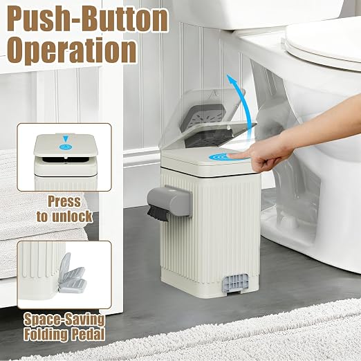 Dog Poop Trash Can for Outside & Indoor, 5L/1.3Gal Small Odor Control Pet Waste Bin with Carbon Filter, 2-Way Open (Step & Press Top), Dog Waste Container with Trash Bag Holder, White