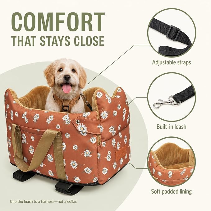Center Console Dog Car Seat for Small Dogs 1 to 15 lbs,Cofe Color | Pet Travel Booster Seat with Safety Leash, Detachable Seat Belt,Storage Pockets