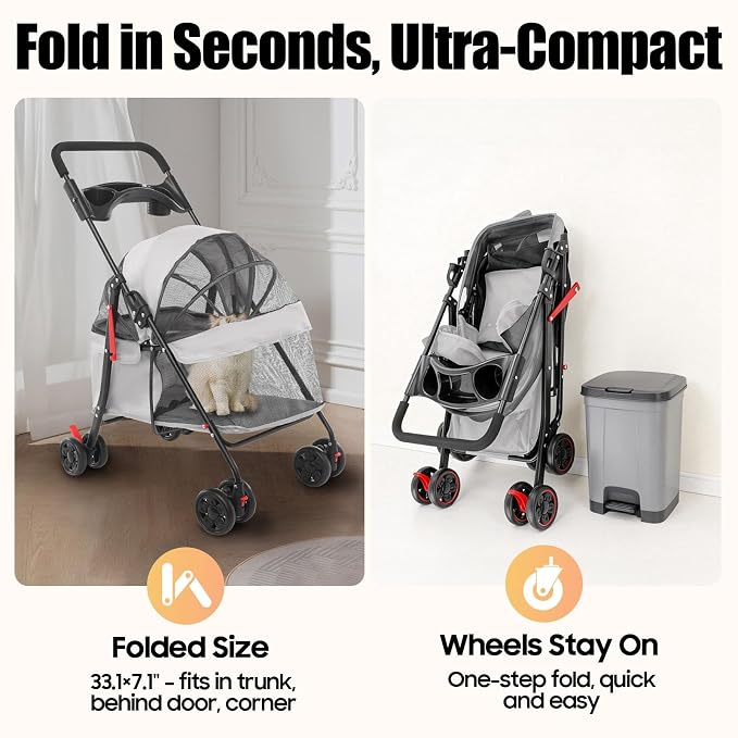 Pet Stroller for Small Medium Dogs Cats, Lightweight Foldable Pet Wagon with 360° Front Wheels & Brake, 40 lbs Capacity Carrier for Park Travel Shopping, Breathable Mesh Basket (Light Gray)