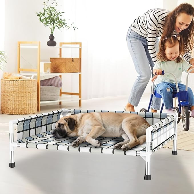 Elevated Dog Bed with with Guardrail, Raised 3-Fence Dog Hammock Bed | Breathable Lifted Stainless Steel Frame Dog Bed for All Pets, Cooling Washable Dog Cot
