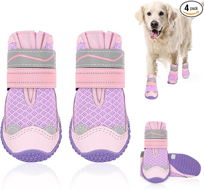 SlowTon Dog Shoes for Large Small Medium Dogs - Breathable Dog Boots for Summer Hot Pavement, Paw Protector for Outdoor Walking Winter Snow, Anti-Slip Rubber Dog Booties for Hardwood Floor (PI, 3)