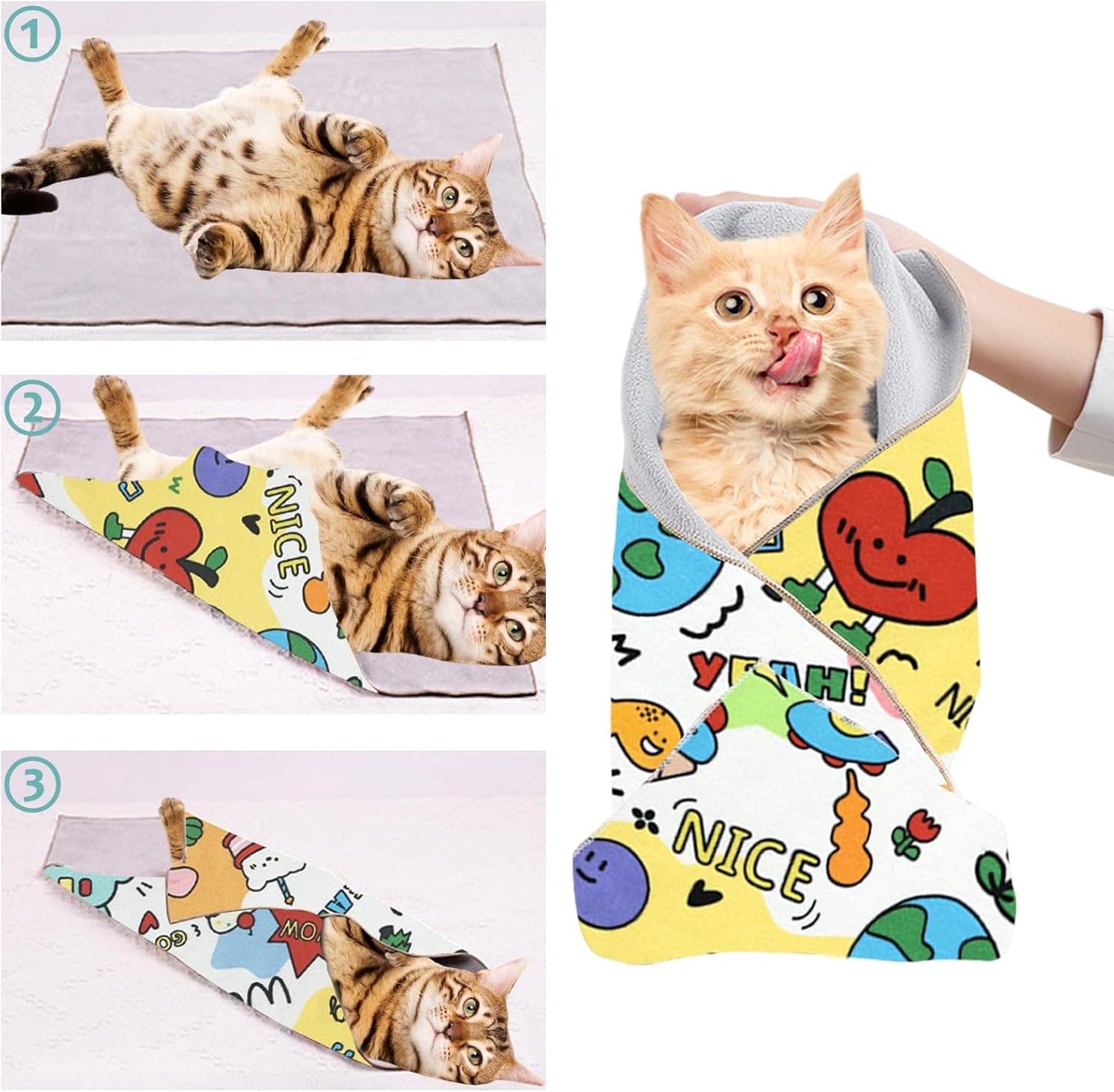 Cat Grooming Wrap, 2pcs [XL] Cat Restraint Wrap for Nail Clipping, Ear Cleaning, and Teeth Brushing, Self-Adherent, Anti-Bite, Anti-Scratch, Anti Scratch, Cow White+Yellow