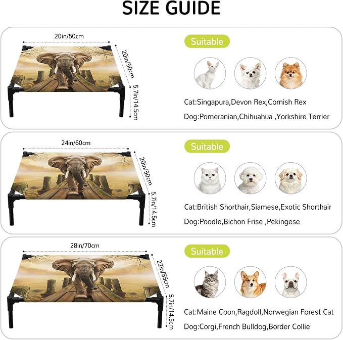 Outdoor Elevated Dog Bed for Large Dogs, Elephants Breathable Cooling Raised Dog Cot for Indoor/Outdoor, Branches Trees Modern Art Animals Waterproof Elevated Pet Beds, L 28 x 22 in