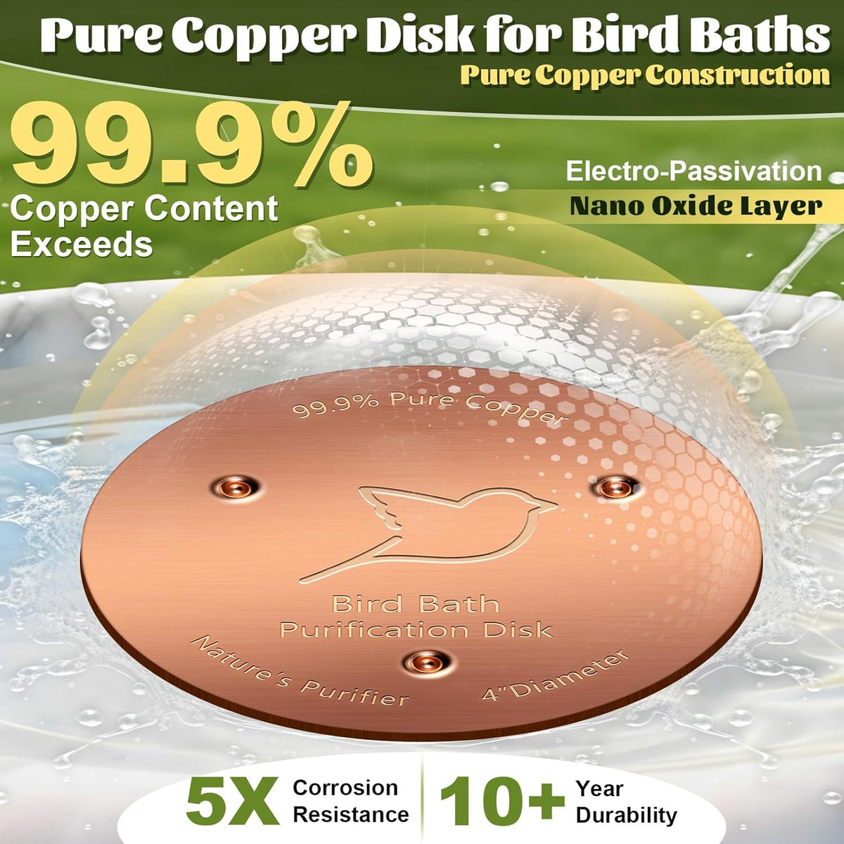 NNG 3 Pack Bird Bath Copper Disk,1mm Thick Reinforced 99.9% Pure Copper Bird Bath Purification Disk with Triple-Point Support,Physical Safe Water Cleaner for Outdoor Birdbaths Bowls,All-Season Use