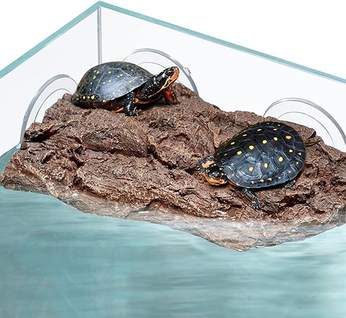 Turtle Basking Platform with 3 Suction Cups,for Frogs,Tortoise,Brown | 8.66" Floating Resting Terrace, |Adjustable Level | Natural Rock Texture, Anti-Skid | for Fish Tank, Aquarium, Terrarium