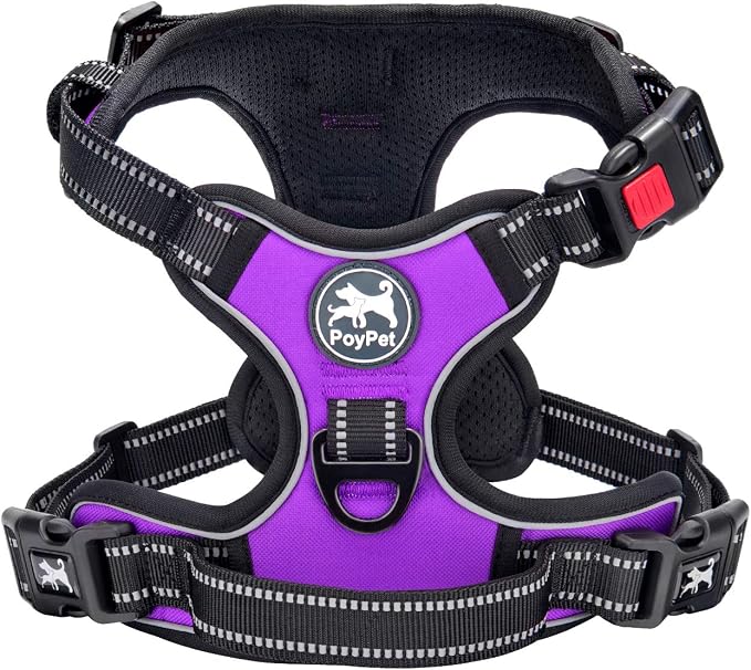 PoyPet No Pull Dog Harness Large with Front Clip & Neck Release Buckle | No Choke, Adjustable Vest, Reflective, Back Clip, Lockable, Soft Padded, Easy Control Handle for Walking Training, L, Purple